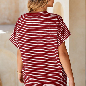 Women's Red <b>White</b> Striped <b>2</b> <b>Piece</b> <b>Set</b> Breathable Polyester Short Sleeve Crew Neck Top Drawstring Shorts Casual Loose Fit Spring - Product Image 3
