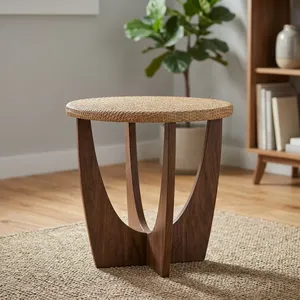 Modern <b>Round</b> Wooden <b>Side</b> <b>Table</b> With Cane Top Sculptural Base Handmade Accent End <b>Table</b> for Living Room Bedroom Decor - Product Image 6