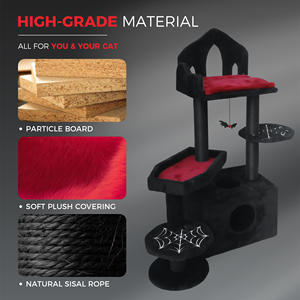 Arbre à chat moderne noir et rouge pour chats d'intérieur avec jouet interactif à gratter en sisal, emballé en carton pour plusieurs chats - Product Image 4