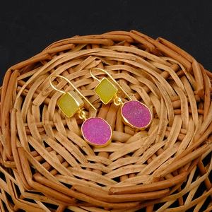 <b>Gold</b> Plated Yellow & Pink Druzy Gemstone Hook Handmade Trendy Boho Collet <b>Set</b> Dangle Drop <b>Earrings</b> for Women - Product Image 4