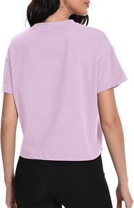 Sexy Women Lavender <b>Cropped</b> Workout T-Shirt Short Sleeve O-Neck Gym <b>Top</b> Solid Color Box Fit Style - Product Image 2
