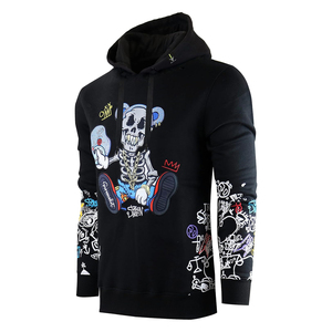 Sweat-shirt à capuche noir pour homme, imprimé squelette de dessin animé, coupe ajustée, streetwear, vêtements d'automne, coton tricoté, manches régulières - Product Image 1