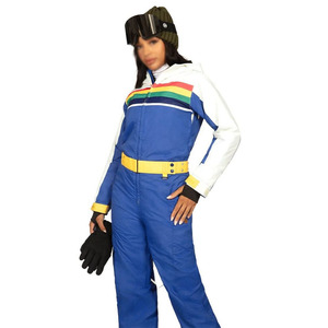 Custom Women One Piece Ski Suit Waterproof Windproof Retro <b>Rainbow</b> Stripe Snowboard <b>Jumpsuit</b> with Hood and Belt - Product Image 6