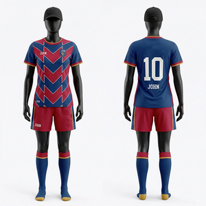 Uniforme de Fútbol Femenino Premium, 155 GSM, Tejido de Poliéster que Absorbe la Humedad, Diseño de Panel en V Azul y Rojo, Logotipo Termosellado - Product Image 4