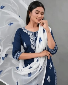 Ensemble Salwar Kameez Kurta indien pakistanais brodé en rayonne bleue, robe ethnique pour femmes, tenue quotidienne et décontractée pour femmes - Product Image 1