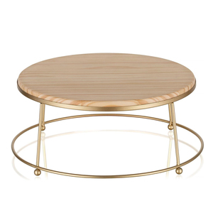 Soporte para tartas de boda Soporte para tartas de madera de pino de primera calidad Con pedestal de metal dorado Elevador de madera para cocina y fiestas a precio barato - Product Image 1