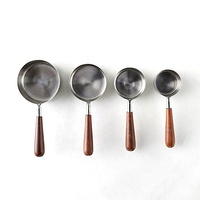 Cuillères-mesure à manche long en acier inoxydable, Design Unique, fini argent, tasse de mesure fait à la main avec manche en bois, cuillère