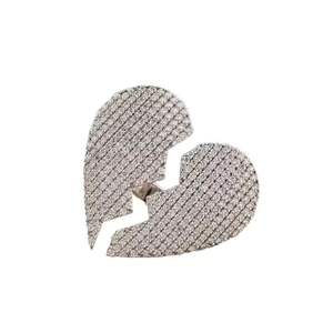 Pendentif Cœur Brisé Luxe Micro-Pavé CZ Plaqué Argent Bijou Hip Hop Tendance Cadeau pour Couples - Product Image 1