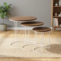 Ensemble de 3 tables d'appoint rondes modernes avec plateau en bois et structure en métal blanc pour le salon