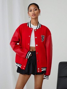 Blouson universitaire unisexe pour hommes et femmes, mélange de laine avec manches en similicuir, style urbain, veste chaude de type varsity, style streetwear - Product Image 3