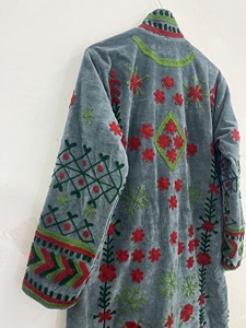 Bohemian Grey Floral Embroidered <b>Velvet</b> Suzani Long <b>Jacket</b> <b>Women</b> Stand Collar Full Sleeve Handmade Winter Wear - Product Image 4