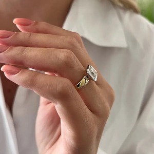 Asscher Cut Lab Grown Diamond Unique Bezel Set Art Deco Engagement <b>Ring</b> Two Tone Flush Fit <b>Thick</b> Band IGI Certified 3mm - Product Image 2