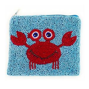 Mini porte-monnaie perlé en forme de crabe pour femme, bleu, fermeture éclair, tissu en coton écologique, petite taille, cadeau pour les amoureux de la plage - Product Image 1