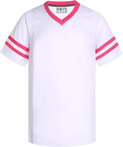 Maillot de sport pour homme à col en V blanc à manches courtes avec rayures roses, en polyester à séchage rapide, chemise décontractée pour l'été - Product Image 1