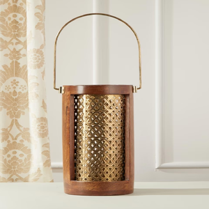 Luxury fusion metal <b>lantern</b> showcasing a warm wooden frame and a textured gold <b>brass</b> insert, available at wholesale prices. - Product Image 1