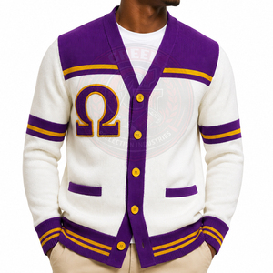 Custom fraternity Omega Greek Letter <b>Cardigans</b> <b>Sweaters</b> White Gold Purple Chenille Embroidery Women's V-Neck Varsity Knitwear - Product Image 4