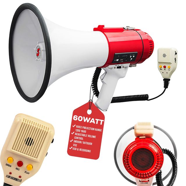 Professional 60W Megaphone Bullhorn Speaker With Siren Recording Ergonomic Handle For Coaches Football Baseball