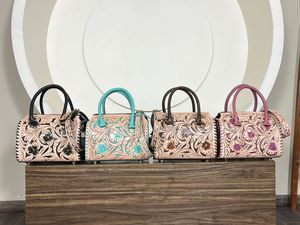 Fashionable Handcrafted Genuine Cowhide Leather Small Speedy Bag Carved Floral Pattern Travel Shoulder Purse Western Design - Product Image 4