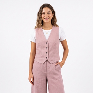 Ensemble coordonné 2 pièces pour femme, été, en lin/coton, débardeur sans manches à col en V et pantalon large ample longueur genou, avec logo personnalisé |   Privé - Product Image 5