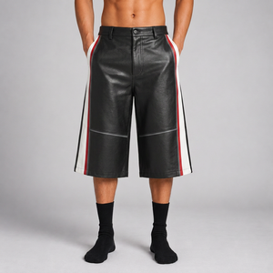 Private Label 400 GSM Longline Leather Jorts <b>Knee</b> <b>Length</b> Construction Leather <b>Shorts</b> for Retailers - Product Image 4