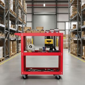 รถเข็นอเนกประสงค์เหล็กแข็งแรงทนทาน 200 ปอนด์ 3 ชั้น หมุนได้ 360 องศา ขอบล้อขนาดกลาง รถเข็นบริการสำหรับหอพัก/อู่ซ่อม - Product Image 1