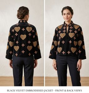 Veste matelassée en velours pour femme, col mandarin, applique cœur croisé, manches longues, fermeture éclair, manteau court d'hiver en coton - Product Image 3