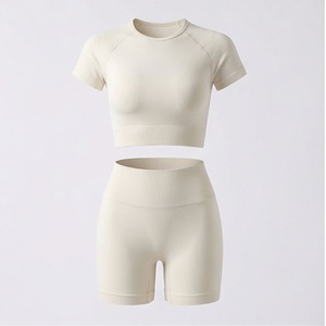 Women Seamless <b>Short</b> Sleeve Crop <b>Top</b> High Waist <b>Shorts</b> 2 Piece Yoga <b>Set</b> - Product Image 1