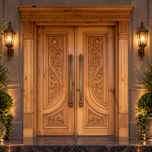 Porte d'entrée principale double en bois massif de style artisanal avec panneau décoratif sculpté et mouluré GA-48S - Product Image 4