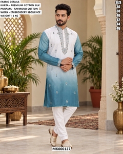 <b>Men's</b> <b>White</b> And Blue Gradient <b>Kurta</b> With Embroidery Sequence Payjama Regular Fit Ankle-Length Traditional Wear All Seasons - Product Image 1