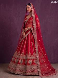 <b>Red</b> Embroidered Indian <b>Wedding</b> <b>Lehenga</b> Set Net Dupatta Bride Ceremony Outfit - Product Image 3