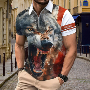 Camiseta Polo con Gráfico de Lobo Rugiente en 3D para Hombre |   Camiseta con Cierre de Cremallera de un Cuarto, Sublimada con Diseño de Animal Enfurecido |   Top artístico de estilo urbano en rojo y gris - Product Image 5