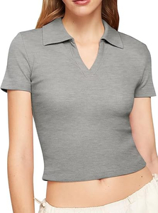 Camiseta Corta Rosa para Mujer, Manga Corta, Color Sólido, Tejida, Informal, para Primavera/Verano, Corte Holgado, Secado Rápido - Product Image 4