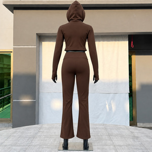 Ensemble de yoga 2 pièces pour femme, automne-hiver, avec sweat à capuche uni à manches longues et pantalon de jogging taille mi-haute, décontracté, sportif, séchage rapide - Product Image 3