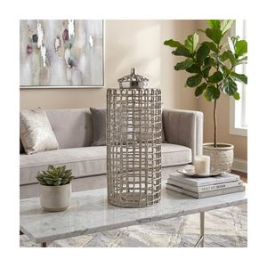 Vase de sol moderne en métal courbé, 33 pouces de diamètre, fait main, blanc avec rayures noires - Product Image 4