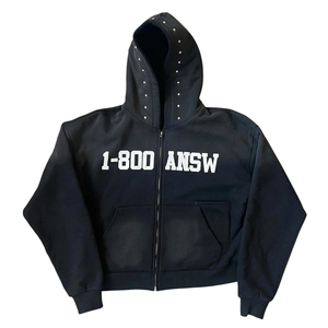 Acid Washed <b>Zip</b> <b>Up</b> <b>Hoodie</b> with Applique Embroidery Heavyweight Cotton Vintage Streetwear Custom Logo Oversized Unisex - Product Image 3