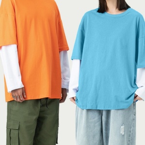 เสื้อยืดแขนสั้นผู้ชายทรงโอเวอร์ไซส์ สีพื้น คอโอ แต่งขอบตัดกัน สไตล์ลำลอง ผ้าถักเนื้อฝ้าย ทรงปกติ - Product Image 1