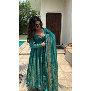 Fancy Satin Anarkali Gown Set with Empire Waistline & A-Line Silhouette Including Dupatta & Bottom - Product Image 5