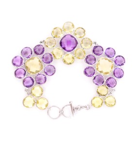 Pulsera artesanal de amatista y cuarzo limón con diseño de racimo audaz en plata de ley 925 - Product Image 1