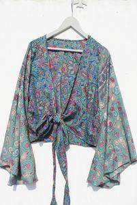 Top de seda con estampado Floral para mujer, ropa de playa Hippie Bohemia, mangas acampanadas, abrigo de seda, elegante Top corto de seda para mujer, novedad - Product Image 5