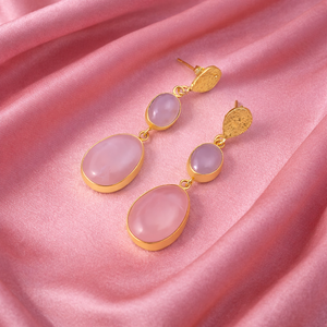Pendientes Colgantes de Cuarzo Rosa Natural, Chapados en Oro, Hechos a Mano con Piedras Preciosas, Joyería Boho para Mujer, Venta al Por Mayor - Product Image 1