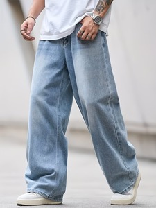 Men’s Retro <b>Light</b> Wash Baggy Jeans | Relaxed Fit Wide-Leg Denim <b>Trousers</b> | Casual Straight Leg Streetwear Hip-Hop Pants - Product Image 4