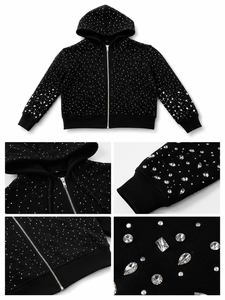 เสื้อฮู้ดซิปสีดำเทรนดี้ หนักแน่น ผ้าฝ้าย 100% 450gsm ประดับมุกและเพชร สไตล์สตรีทแวร์ มีไซส์และสีให้เลือกตามสั่ง - Product Image 5