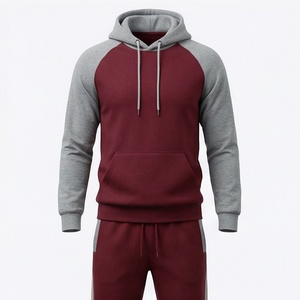 Men's <b>Maroon</b> Gray Color Block Hoodie Tracksuit Full Sleeve Casual Sportswear With Drawstring Pocket Design Autumn Wear - Product Image 1