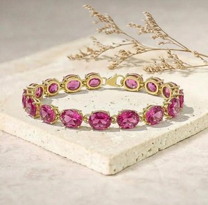 Pulsera de tenis de plata de ley chapada en oro con zafiro rosa cultivado en laboratorio de corte ovalado, elegante y lujosa, regalo de joyería para aniversario - Product Image 4