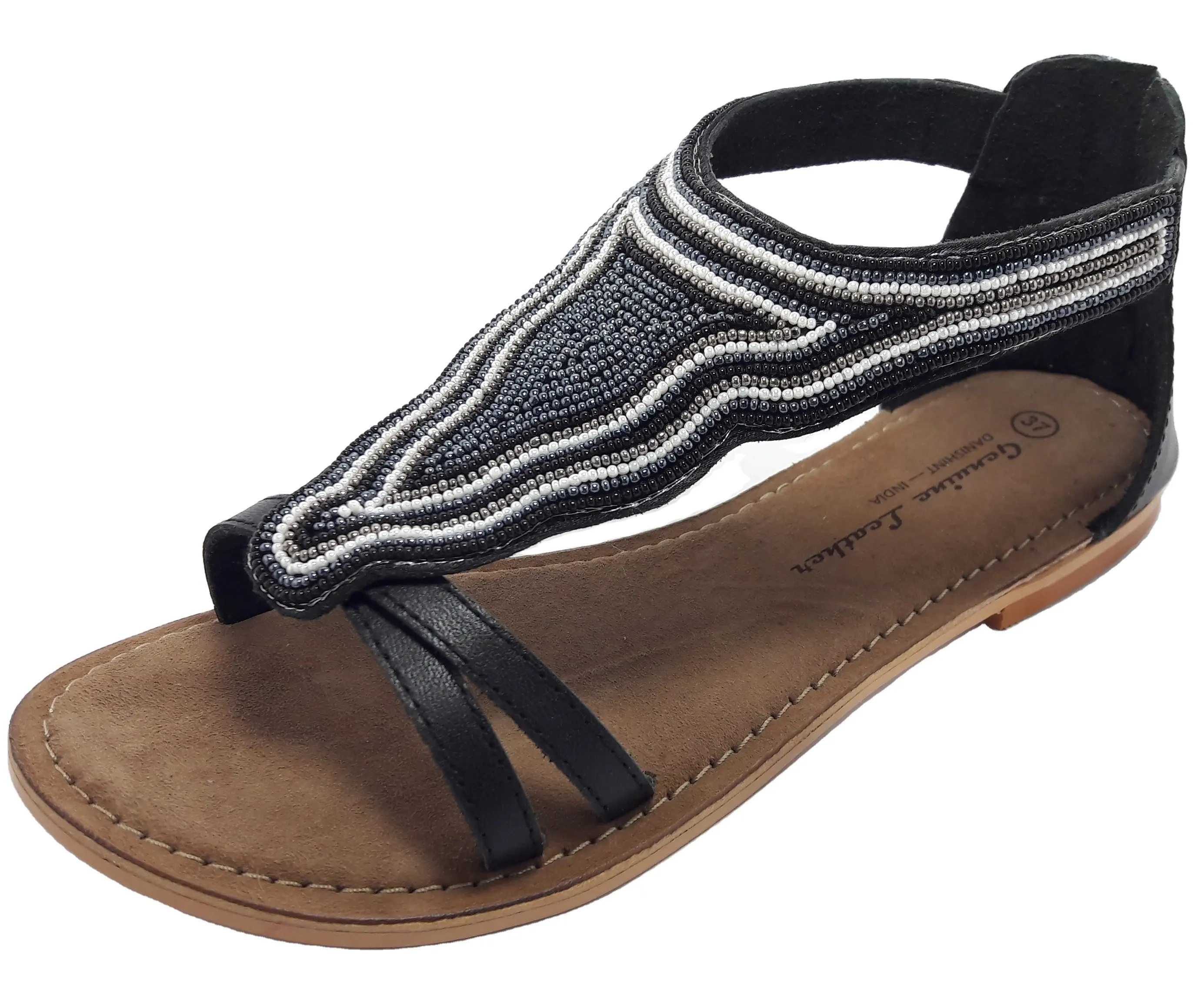 Женские кожаные сандалии с вышивкой из бисера, сандалии Т-образной формы на застежке-молнии, классические женские модные летние трендовые сандалии