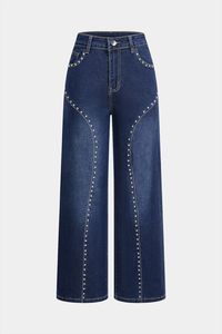 Jean en denim taille haute pour homme, coupe ample, décontracté, avec rivets décoratifs, braguette boutonnée, couleur unie, tissé, grandes tailles - Product Image 2