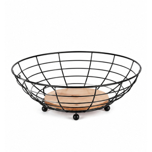 Corbeille à fruits moderne en fil métallique noir avec base en bois, bol à fruits en métal, centre de table pour comptoir de cuisine, panier en fil de fer en gros - Product Image 1