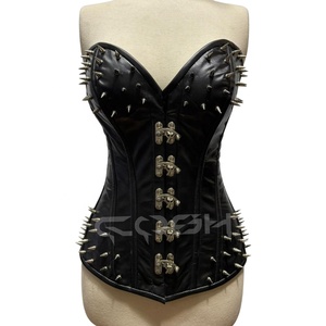 Fullbust Steelboned Black Leather <b>Corset</b> With Spikes Decoration On Top And Bottom / Clasp Closure <b>Corset</b> - Product Image 1