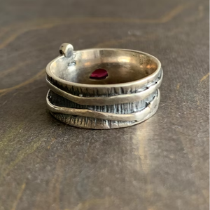 Unique Design <b>925</b> <b>Silver</b> <b>Ring</b> Bold Teardrop Red Stone Wide Band Textured Dark Finish Statement <b>Ring</b> Jewelry - Product Image 4