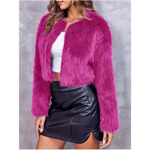 Luxury Womens Magenta Fuchsia High-Pile Shaggy Faux <b>Fur</b> Cropped Jacket Open-Front Collarless Plush Shag Outwear <b>Bolero</b> Coat OEM - Product Image 5